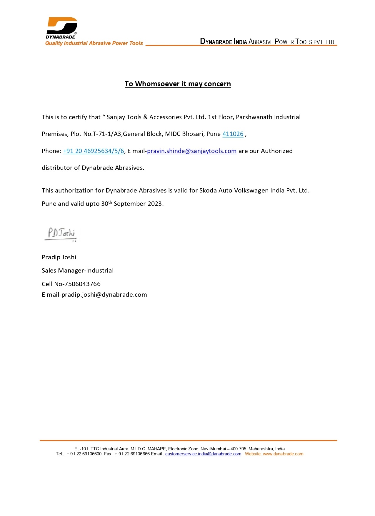 Dynabrade Authorization Letter