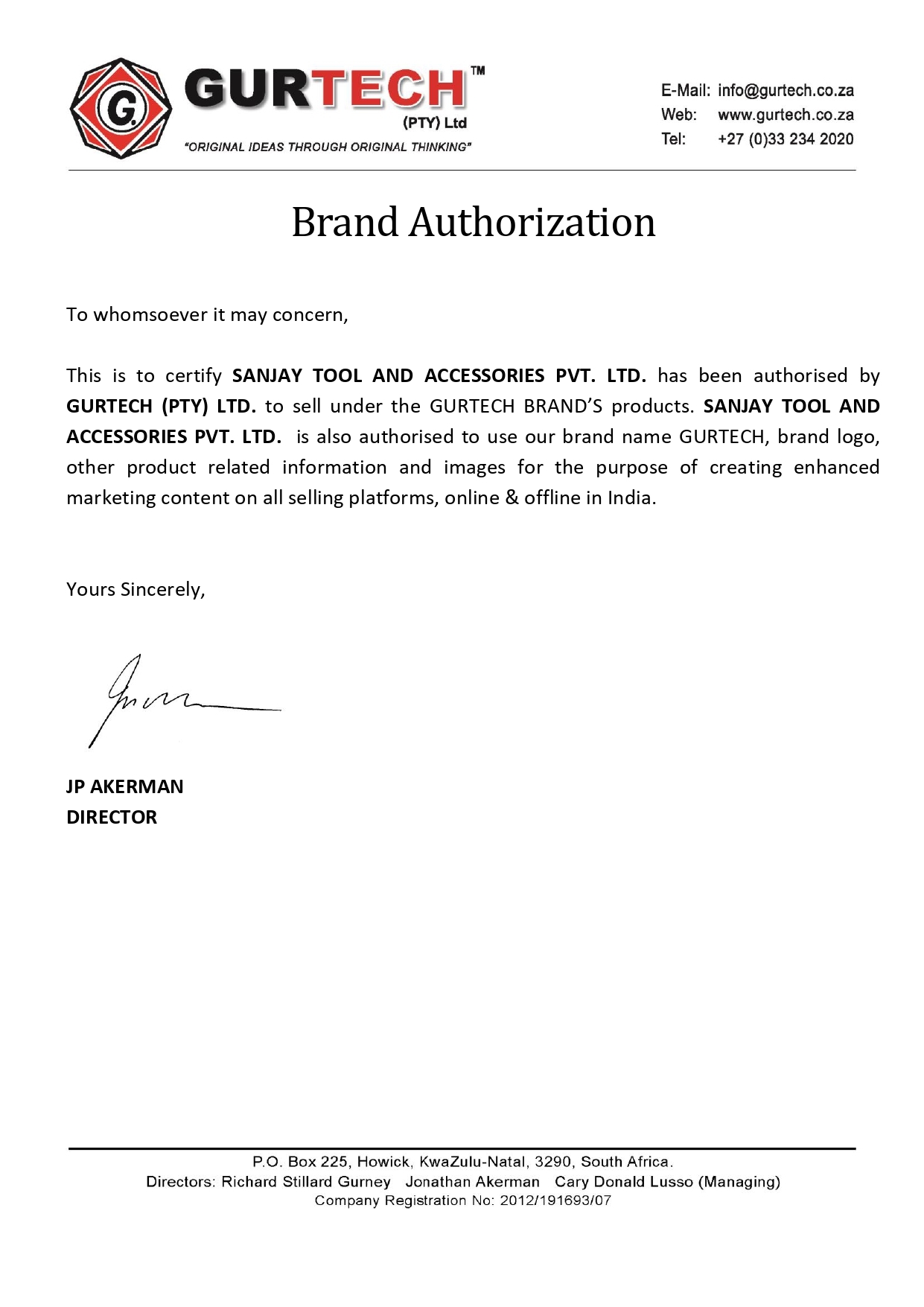 Gurtech Brand Authorization Letter