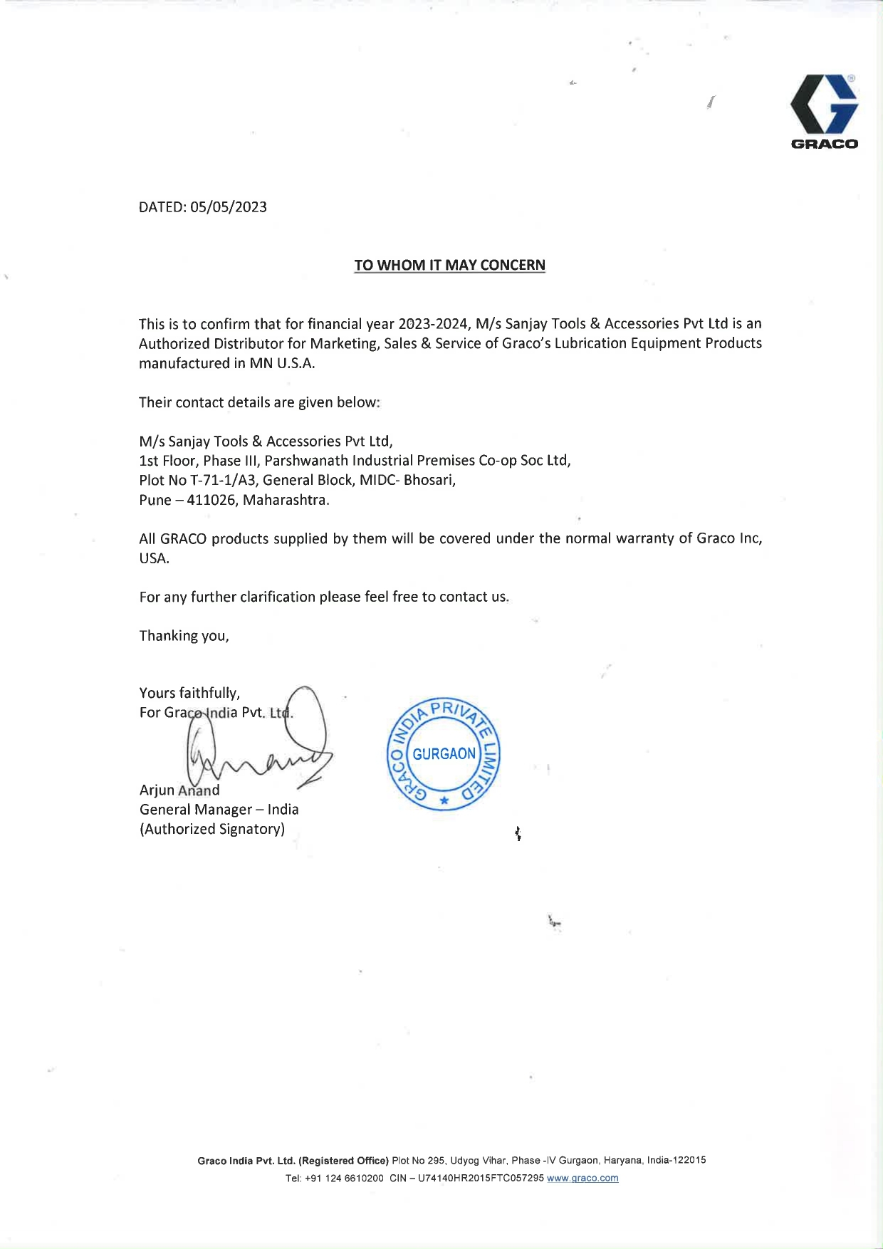 Graco Distributor Certificate 2023-24